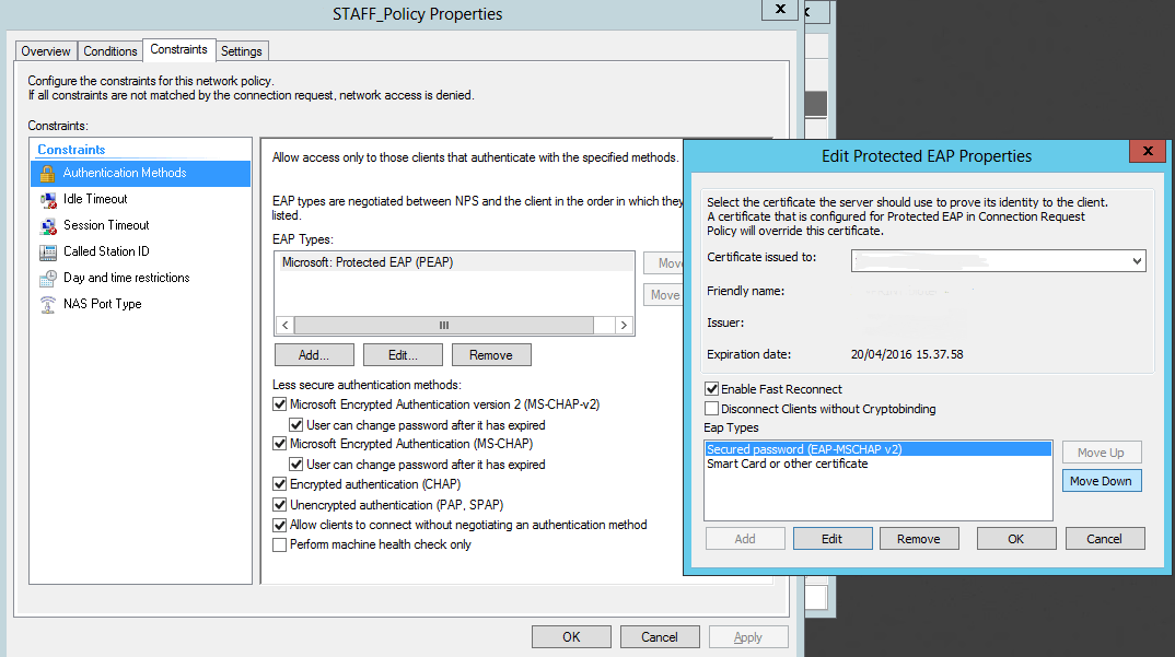 Authentication certificate. Remote connection Certificate has expired or. Friendly name Windows NPS. NPS.