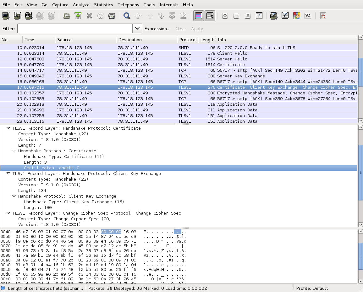 анализ Wireshark SMTP TLS разговор