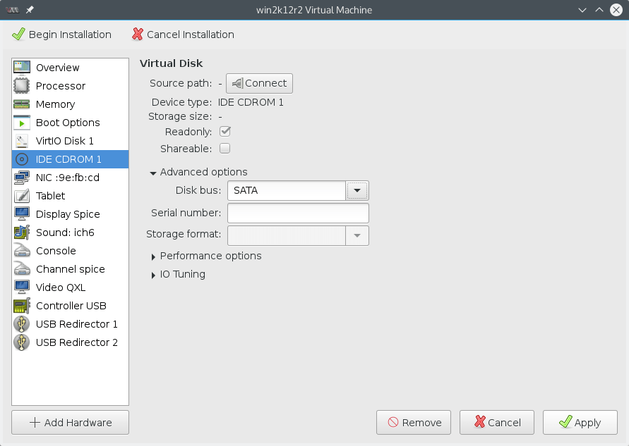 Измените IDE CDROM на SATA