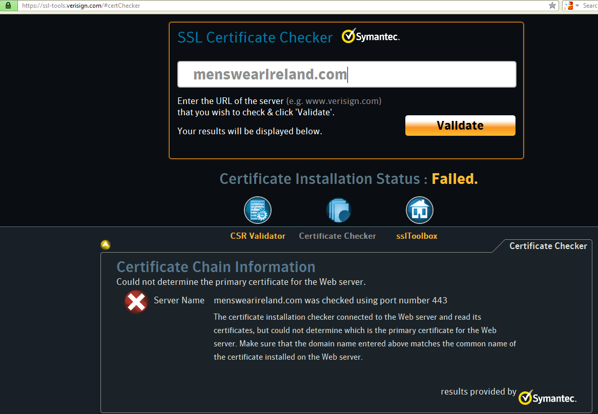 Проверка Symantic SSL показывает его как недействительный