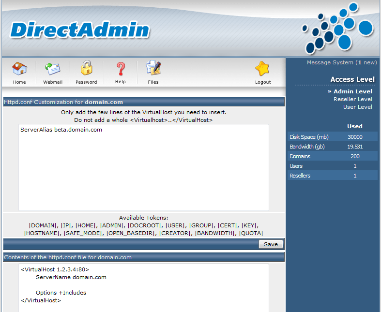 Admin level. DIRECTADMIN. Httpd.