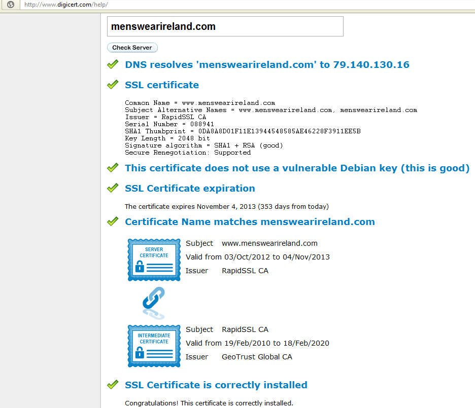 DigiCert SSL Check показывает, что он действителен