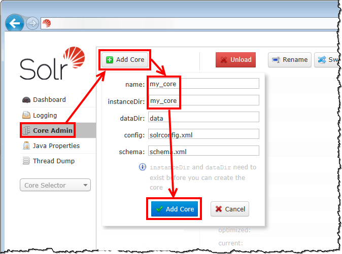 Solr Core Admin Добавить ядро
