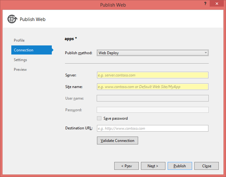 Мастер публикации Visual Studio 2013 WebDeploy