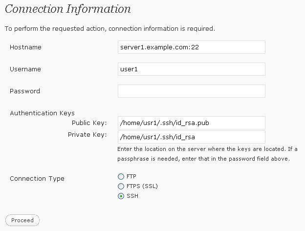 Wordpress SSH информация о соединении